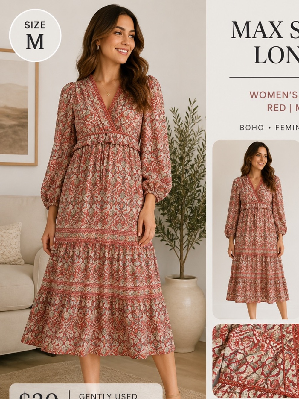 Max Studio Red Floral Boho Midi Dress